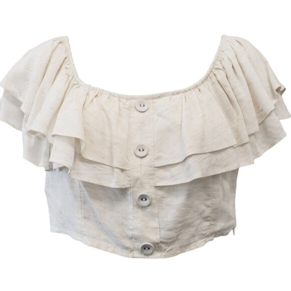 BCBGeneration Off The Shoulder Crop Top Women's XXS 2XS Ivory Ruffled Button NEW - Picture 1 of 11